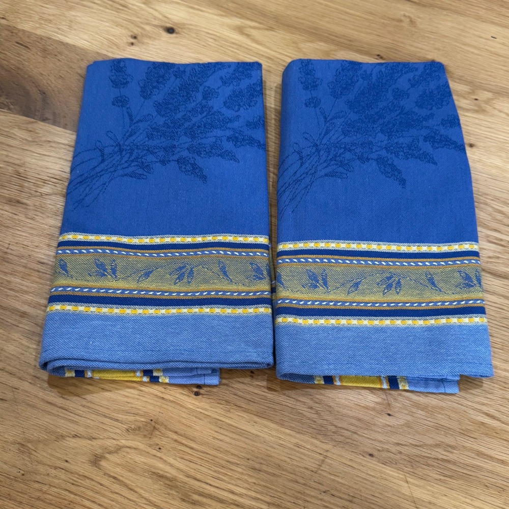 Set of 2 French Provencal Blue Yellow 100% Cotton Napkins Made in France Summer